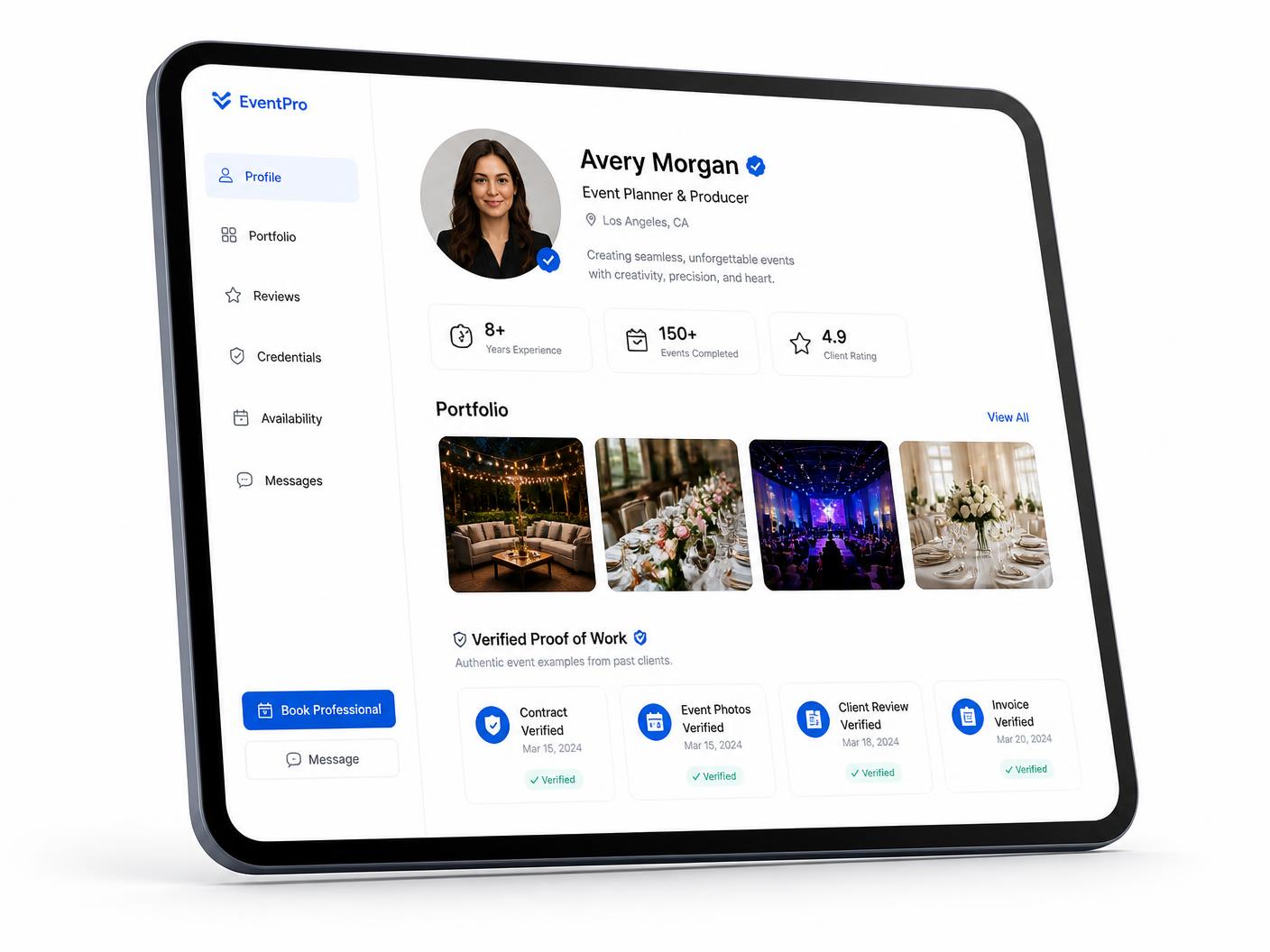 Plan My Event portfolio profile showing event photos and verified proof of work